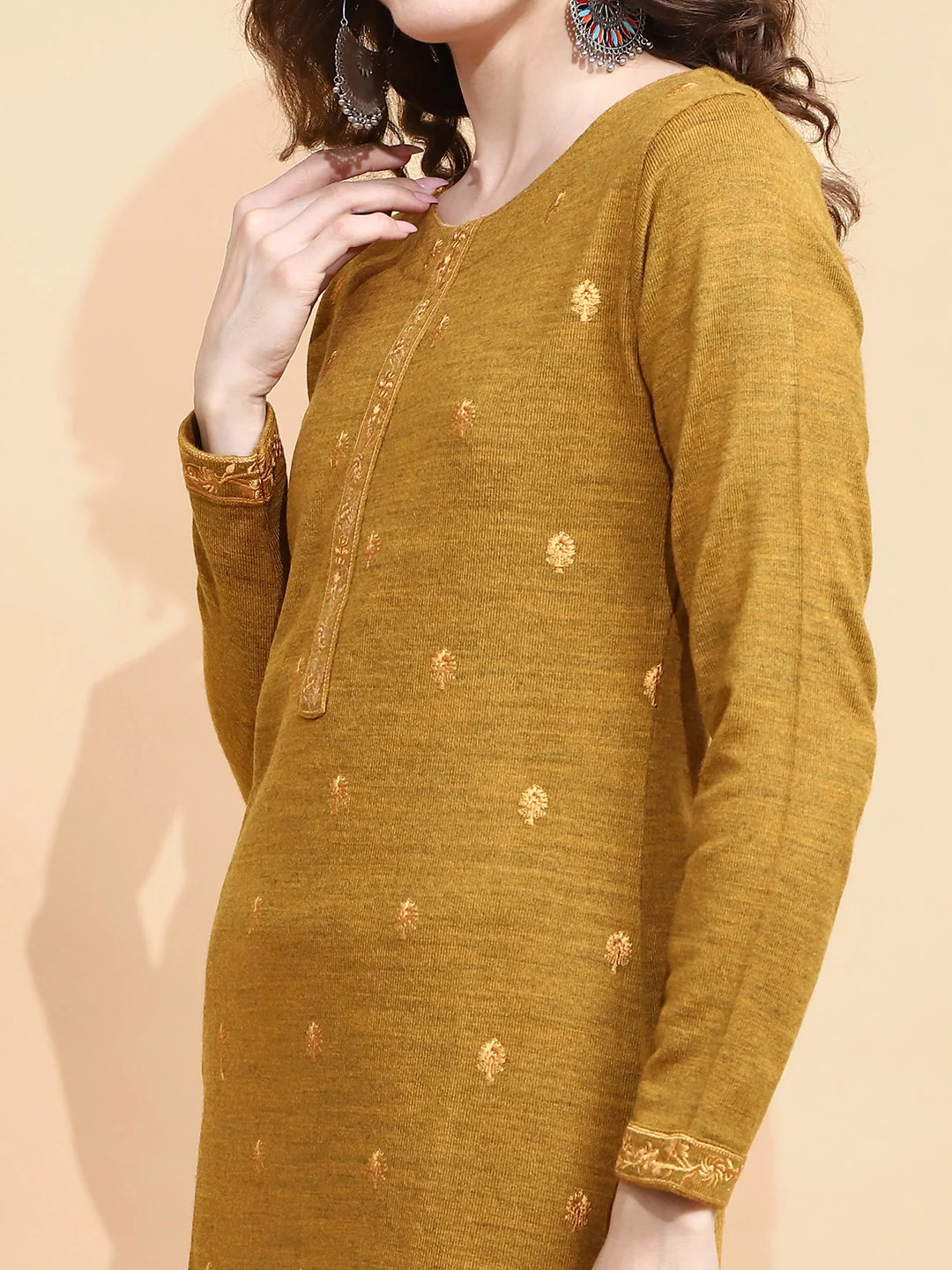 Mustard Knitted Regular Fit Kurta Set For Women - Global Republic