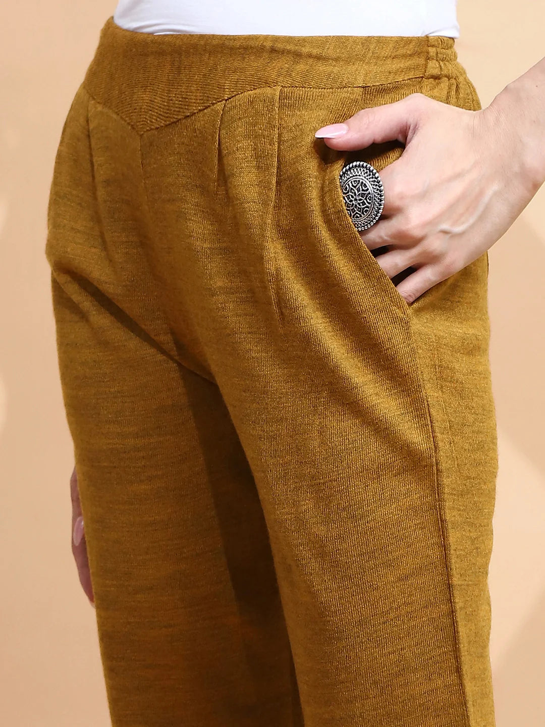 Mustard Knitted Regular Fit Kurta Set For Women - Global Republic