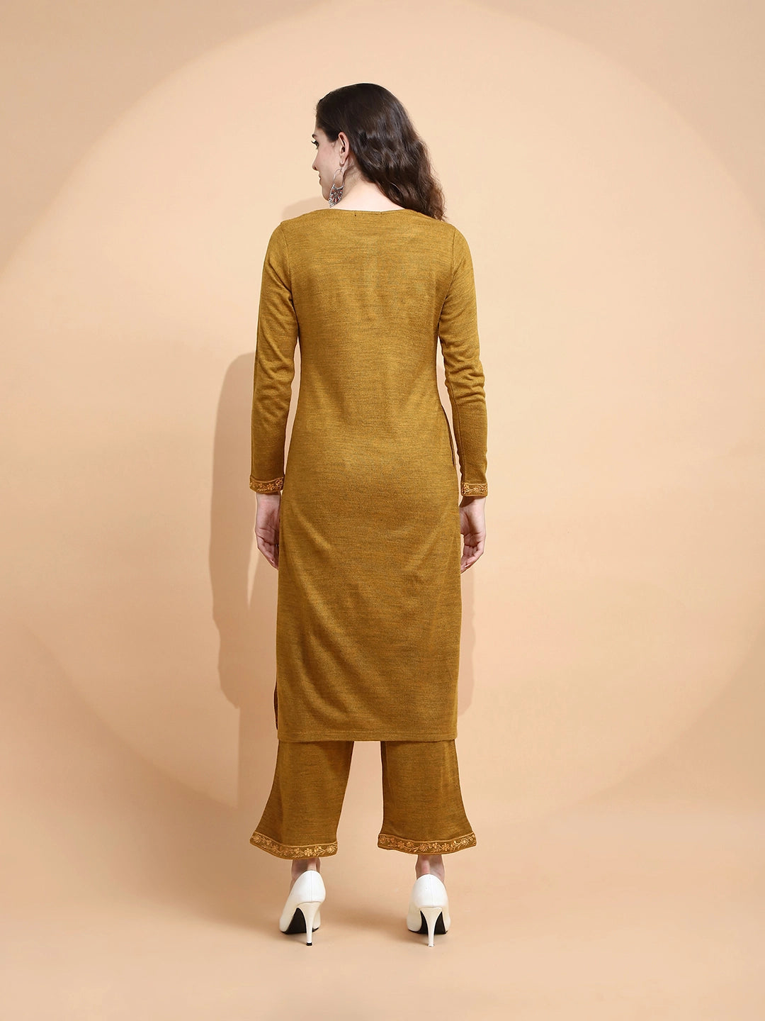 Mustard Knitted Regular Fit Kurta Set For Women - Global Republic