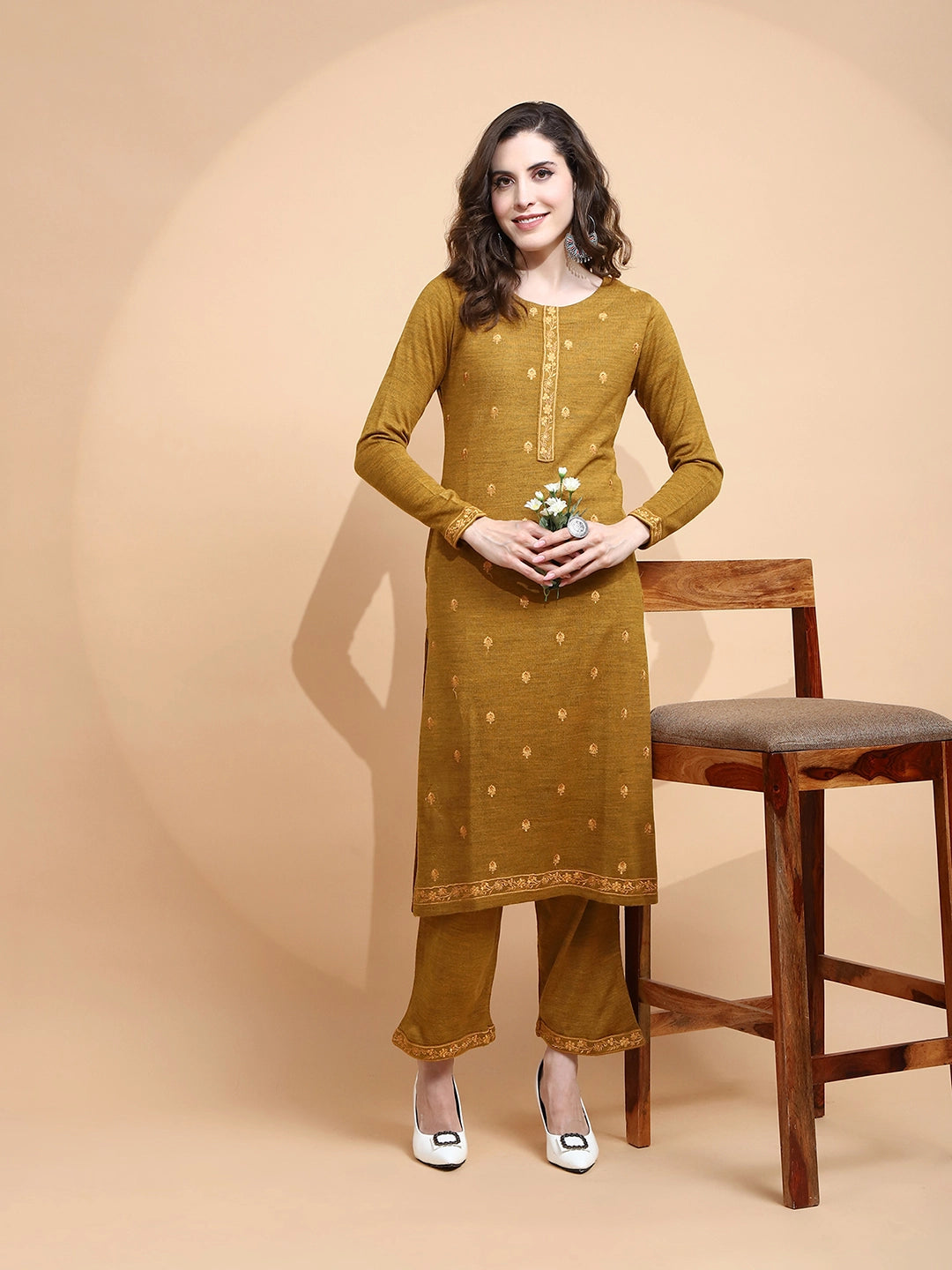 Mustard Knitted Regular Fit Kurta Set For Women - Global Republic