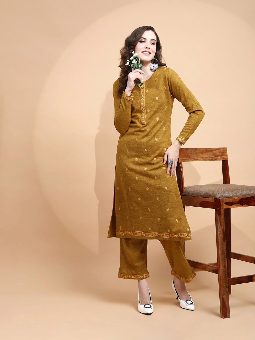 Mustard Knitted Regular Fit Kurta Set For Women - Global Republic