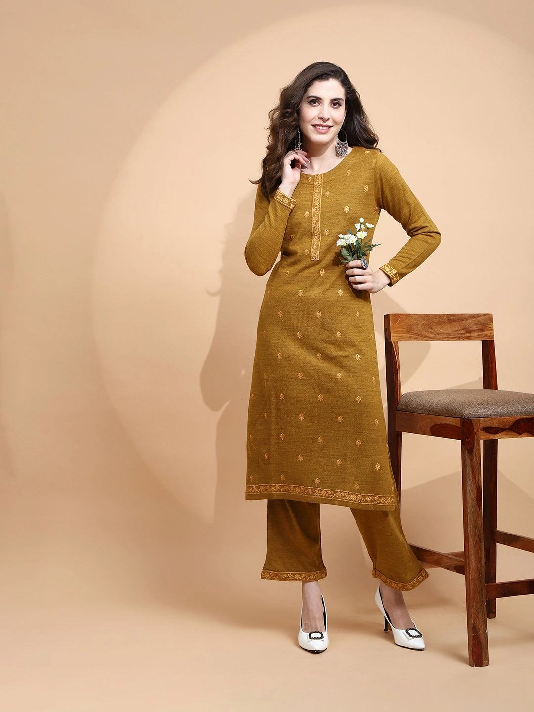 Mustard Knitted Regular Fit Kurta Set For Women - Global Republic