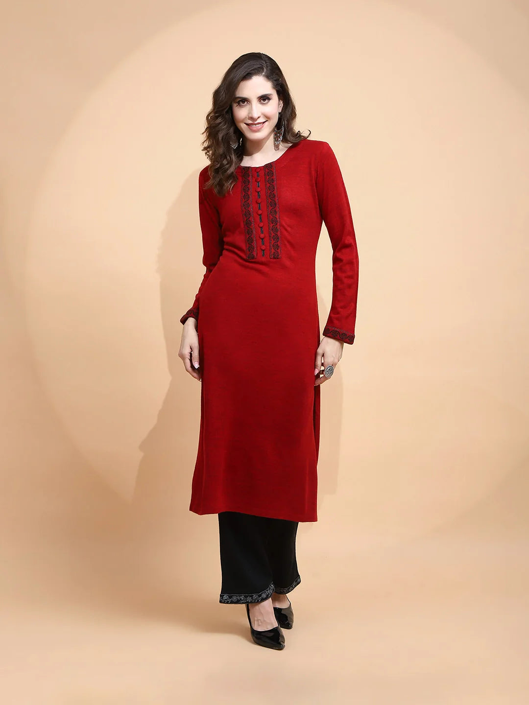 Maroon Woolen Regular Fit Kurta For Women - Global Republic
