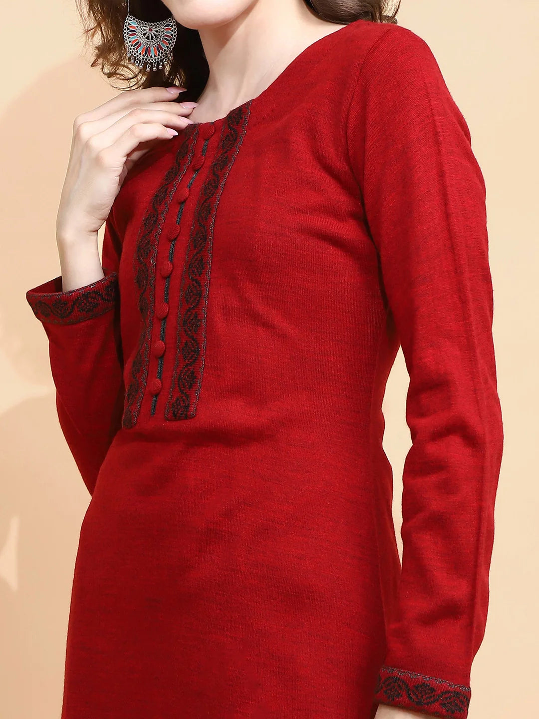 Maroon Woolen Regular Fit Kurta For Women - Global Republic