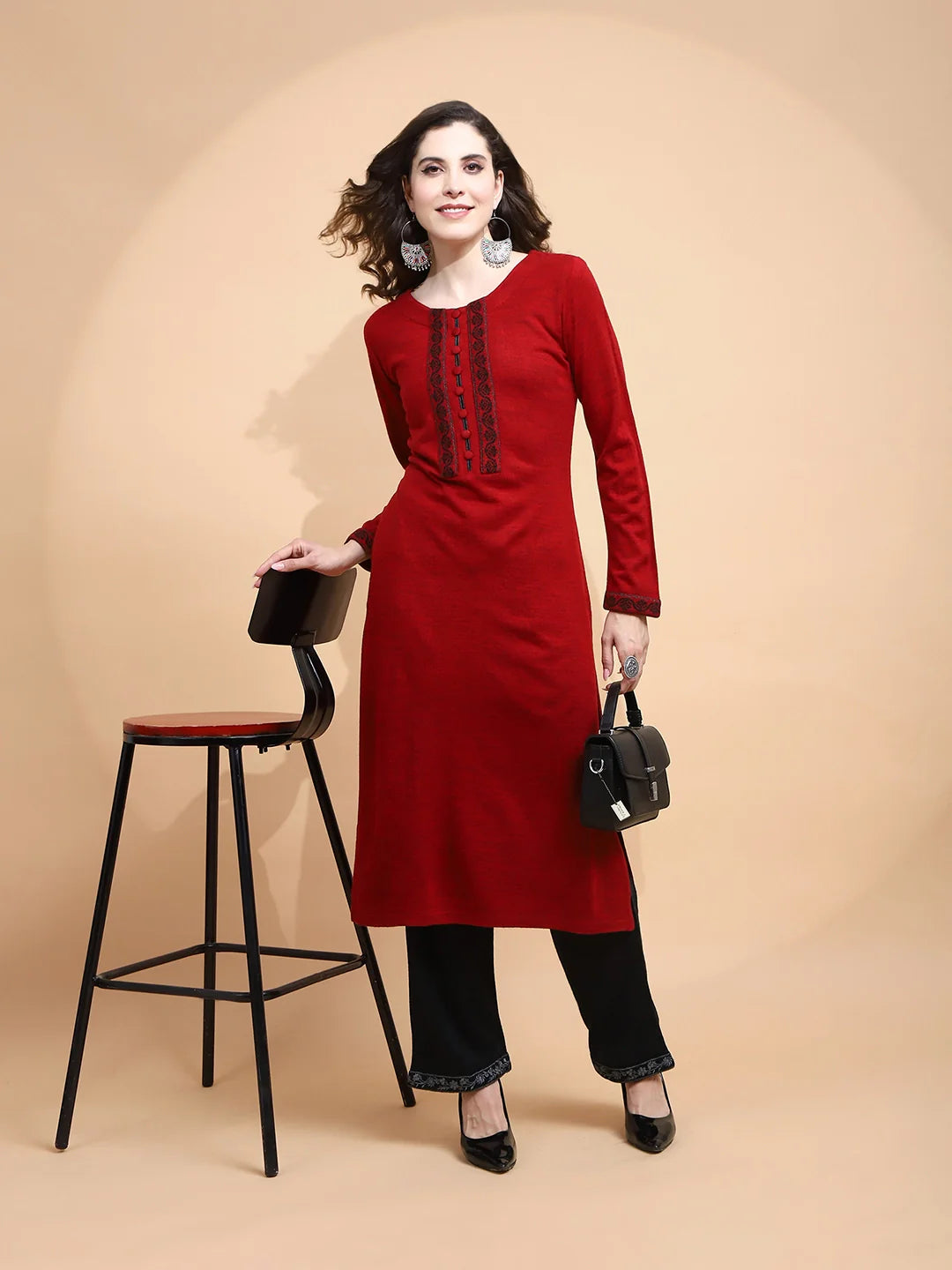 Maroon Woolen Regular Fit Kurta For Women - Global Republic