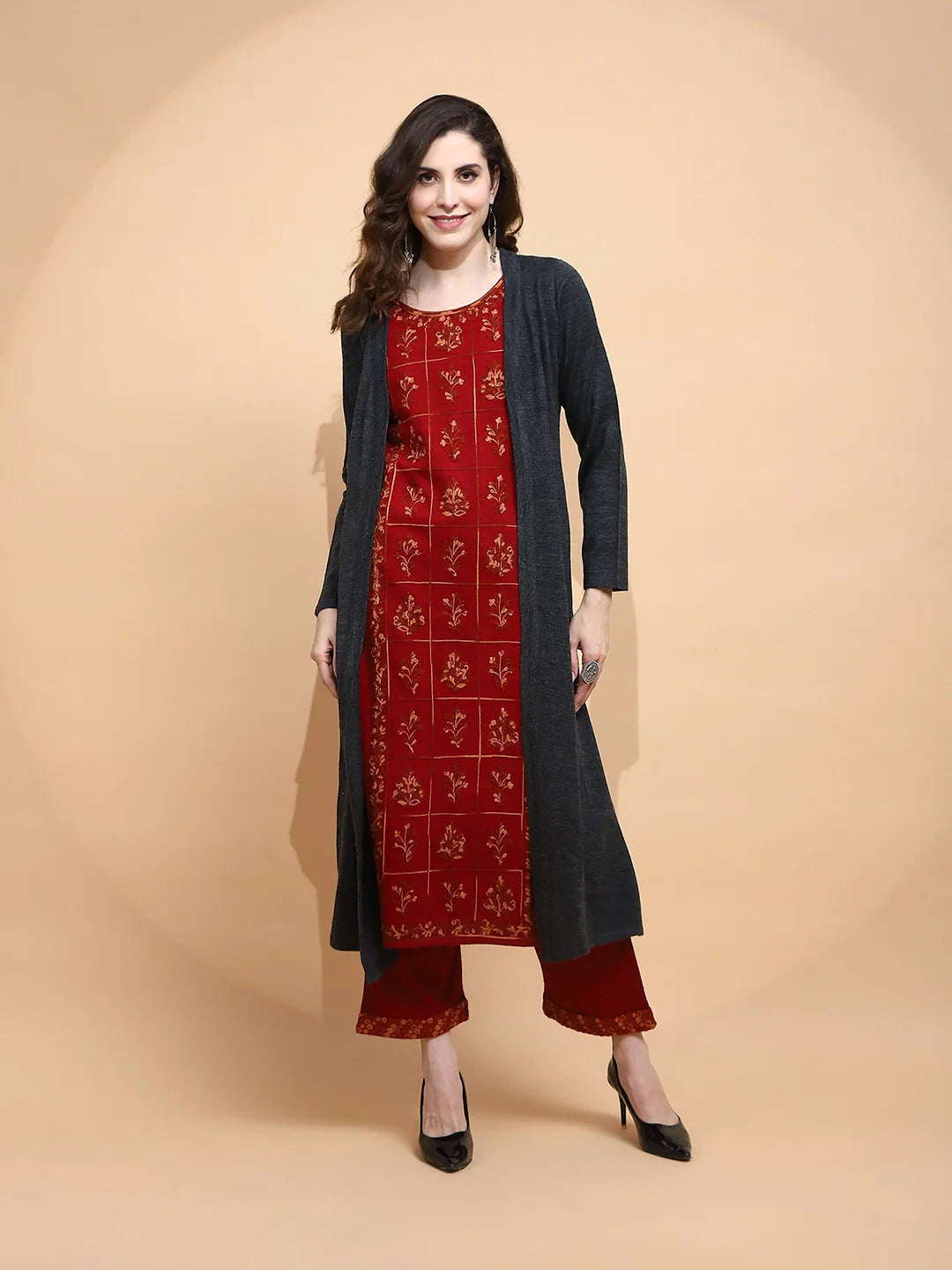 Maroon Embroidered Woolen Kurta - Global Republic