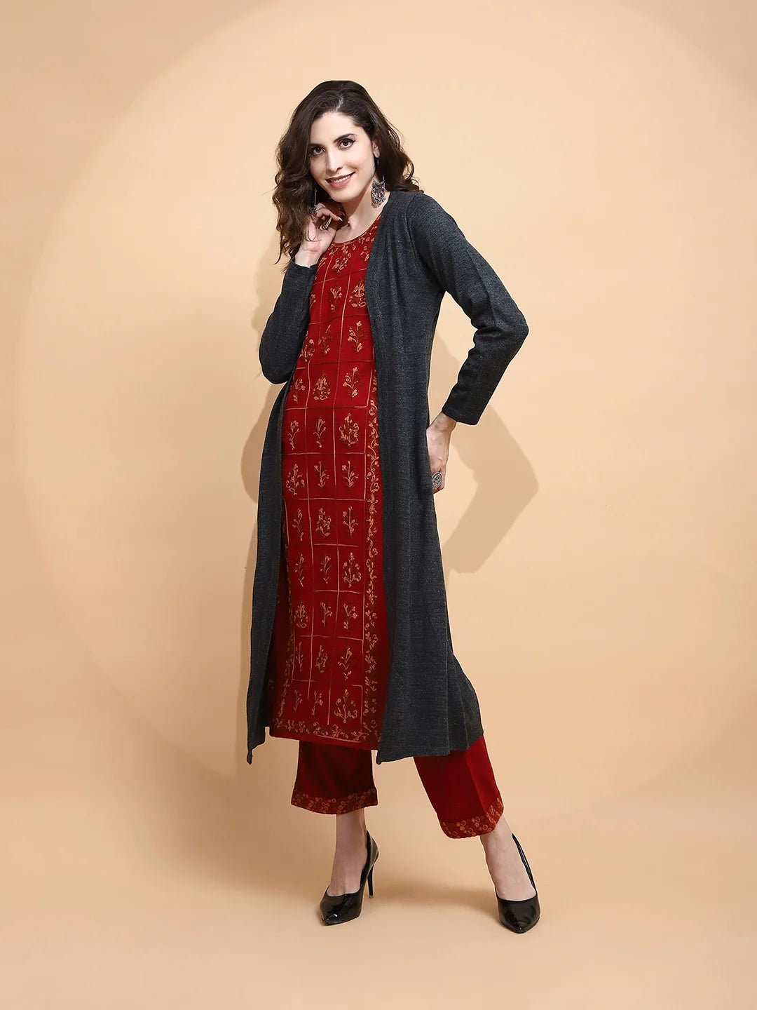 Maroon Embroidered Woolen Kurta - Global Republic