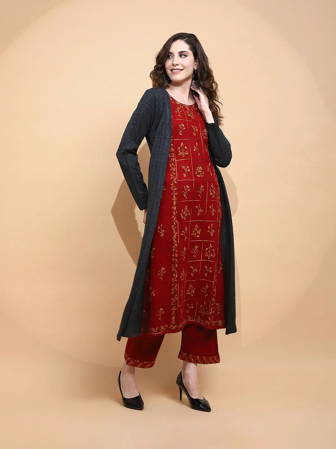 Maroon Embroidered Woolen Kurta - Global Republic