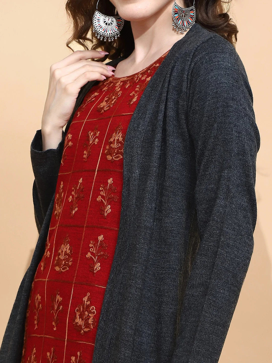 Maroon Embroidered Woolen Kurta - Global Republic