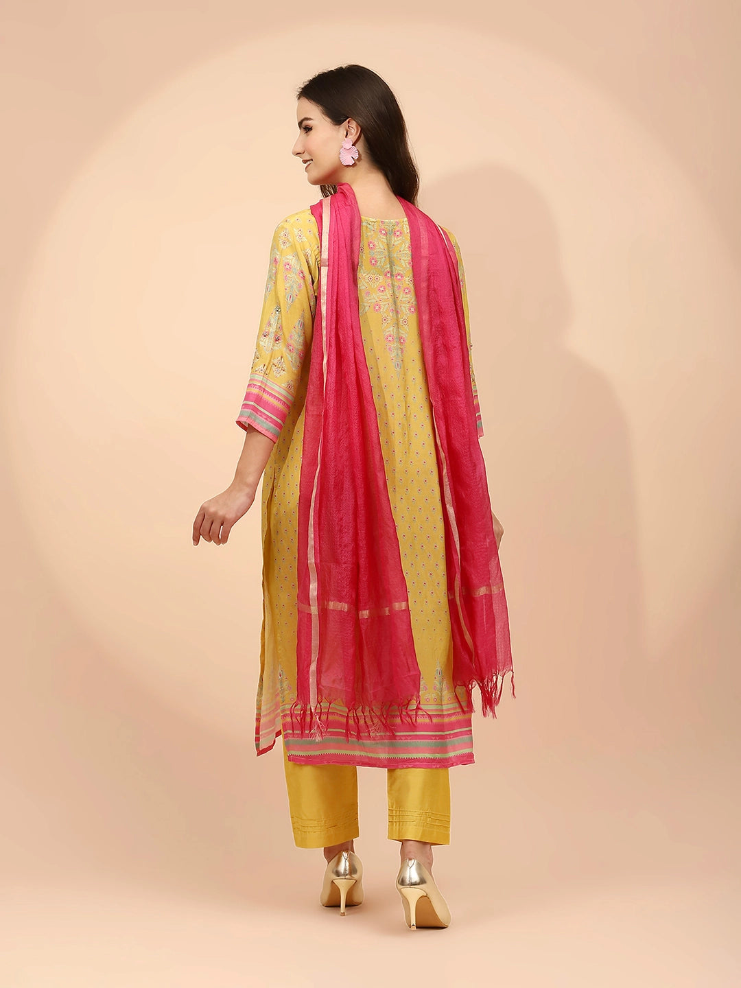 Yellow Muslin Printed & Embroidered Suit Set - Global Republic