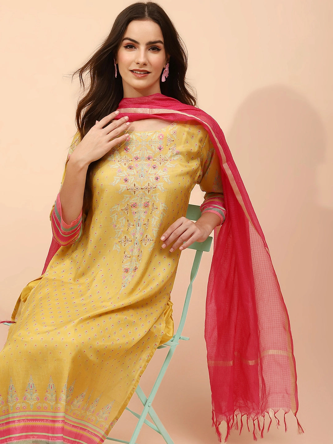 Yellow Muslin Printed & Embroidered Suit Set - Global Republic
