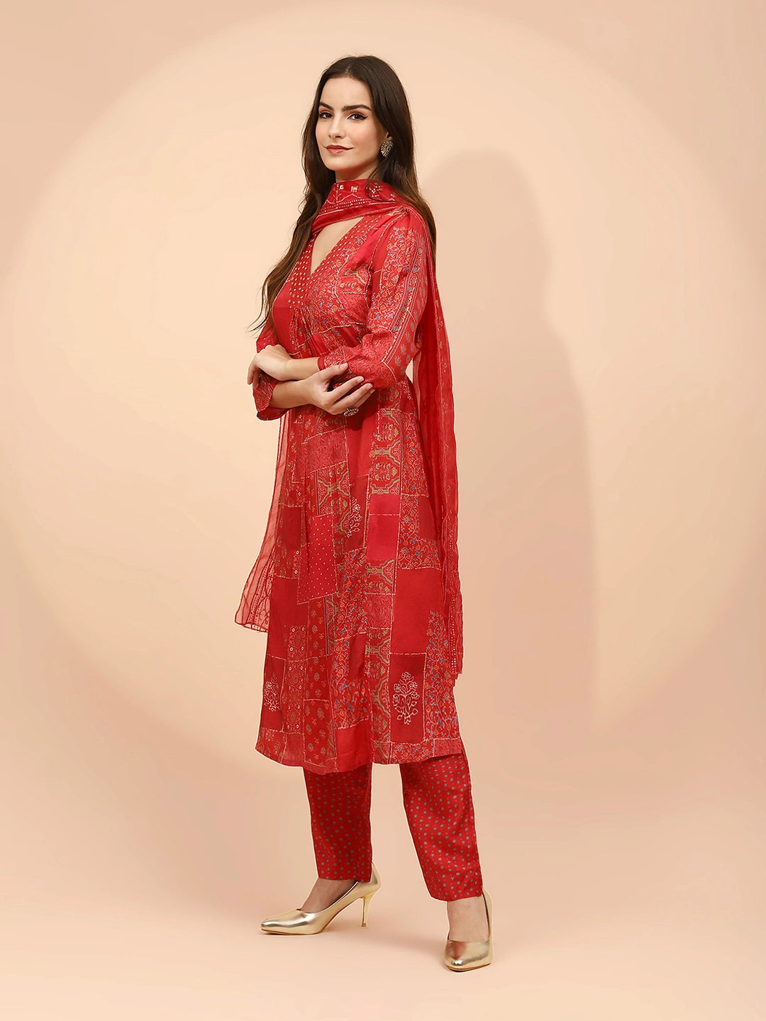 Red Muslin Printed Embellished Suit Set - Global Republic