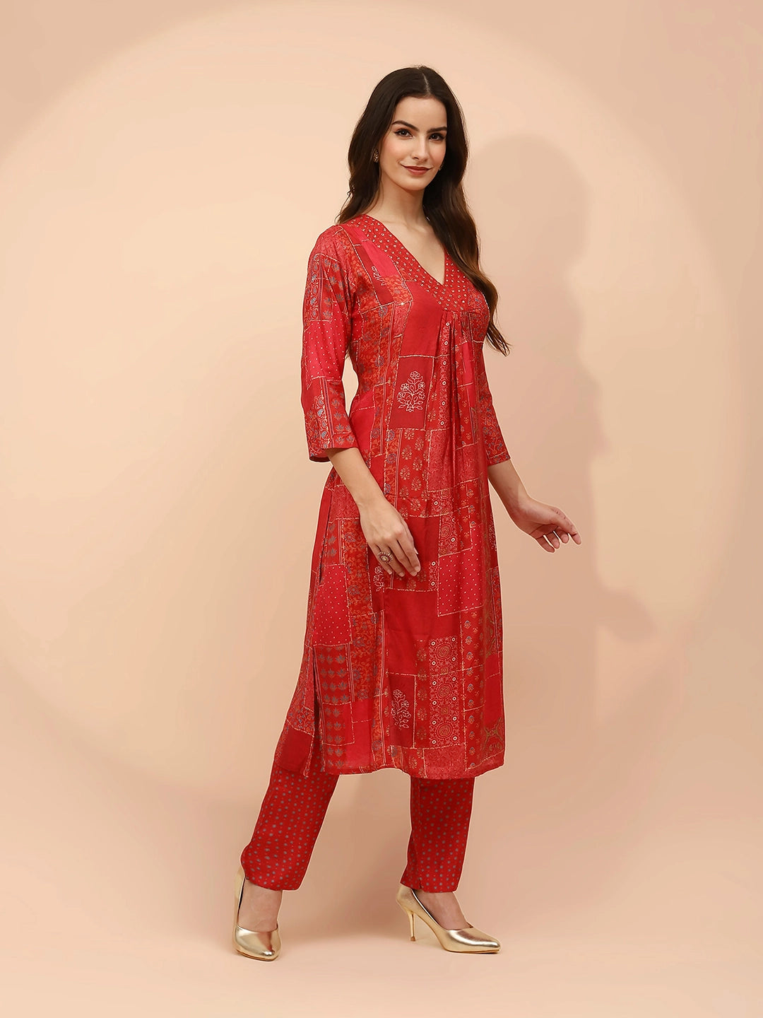 Red Muslin Printed Embellished Suit Set - Global Republic