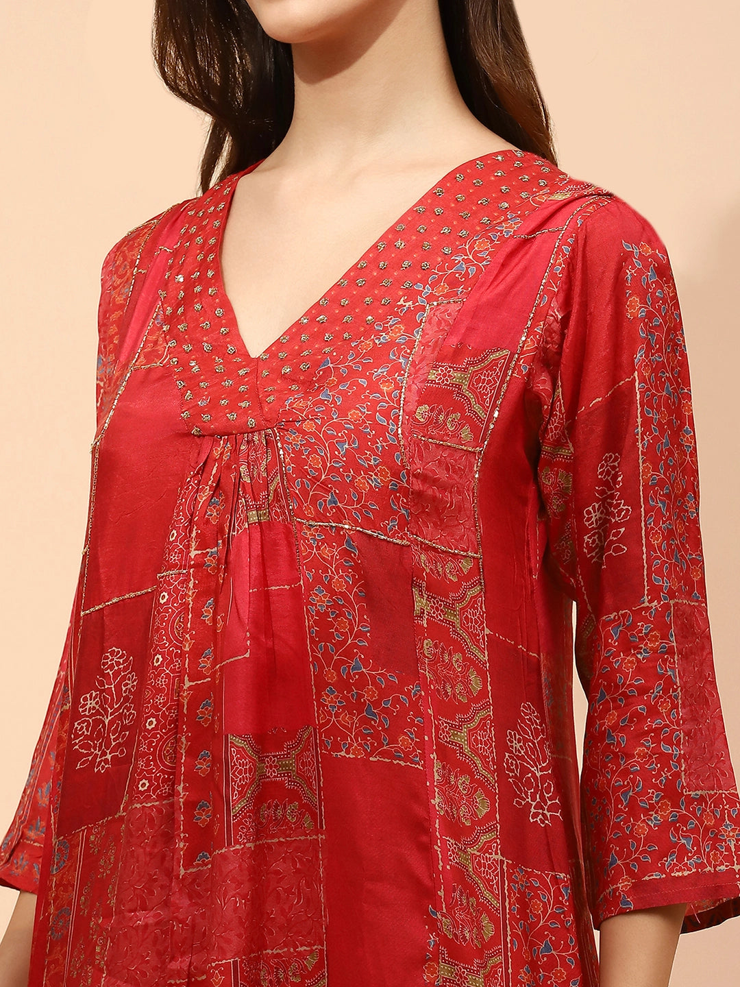 Red Muslin Printed Embellished Suit Set - Global Republic