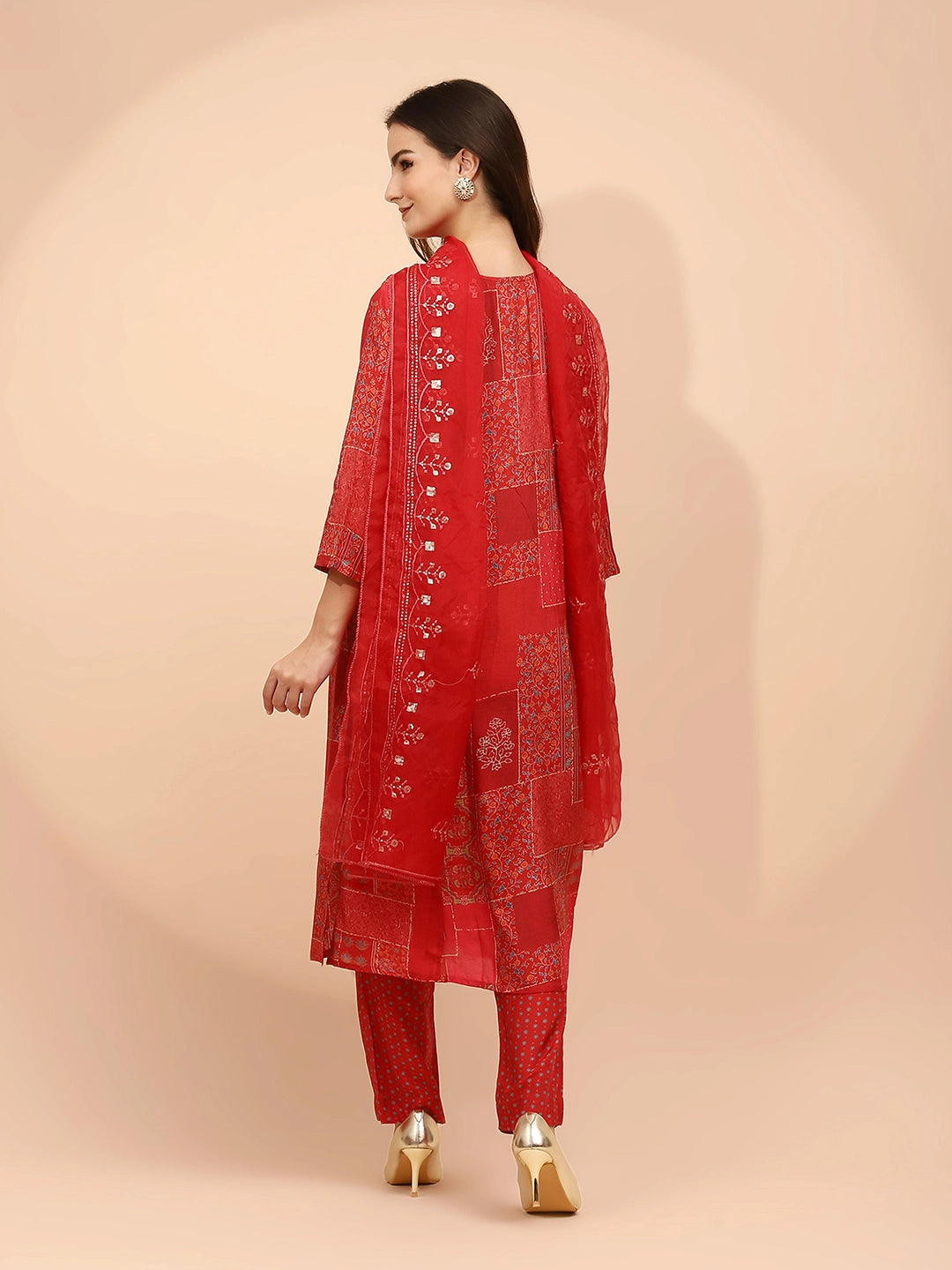 Red Muslin Printed Embellished Suit Set - Global Republic