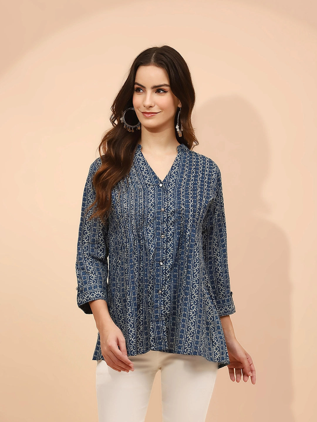 Blue Printed Cotton V-Neck Tunic - Global Republic