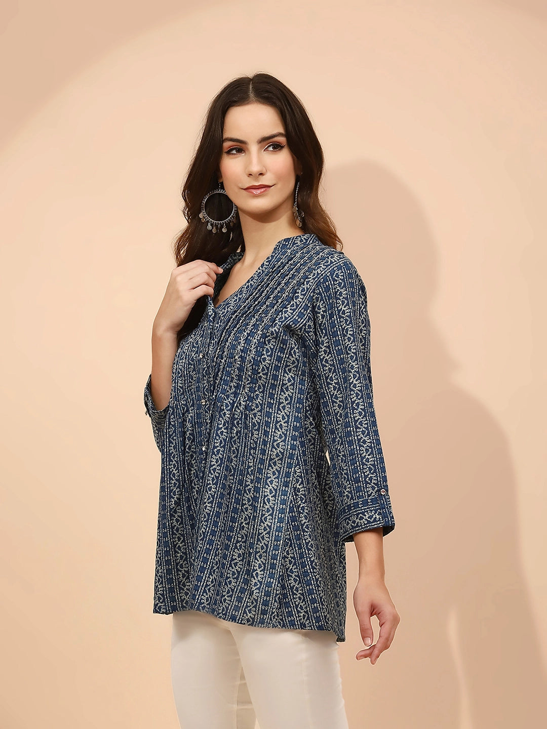 Blue Printed Cotton V-Neck Tunic - Global Republic