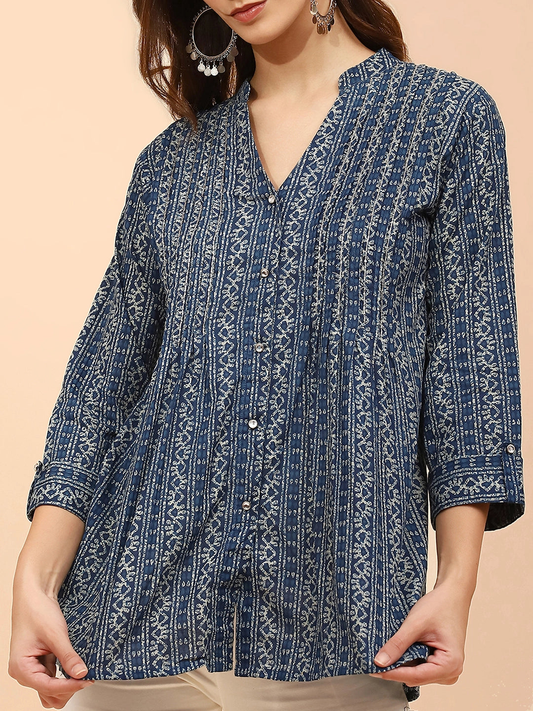 Blue Printed Cotton V-Neck Tunic - Global Republic