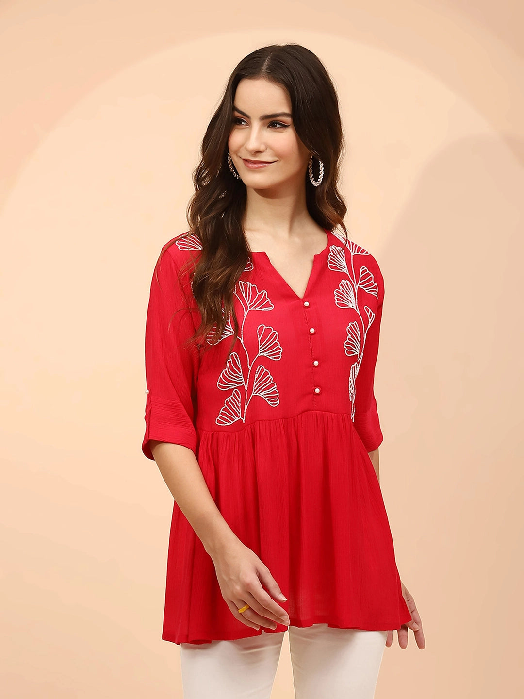 Dark Pink Embellished Rayon Tunic - Global Republic