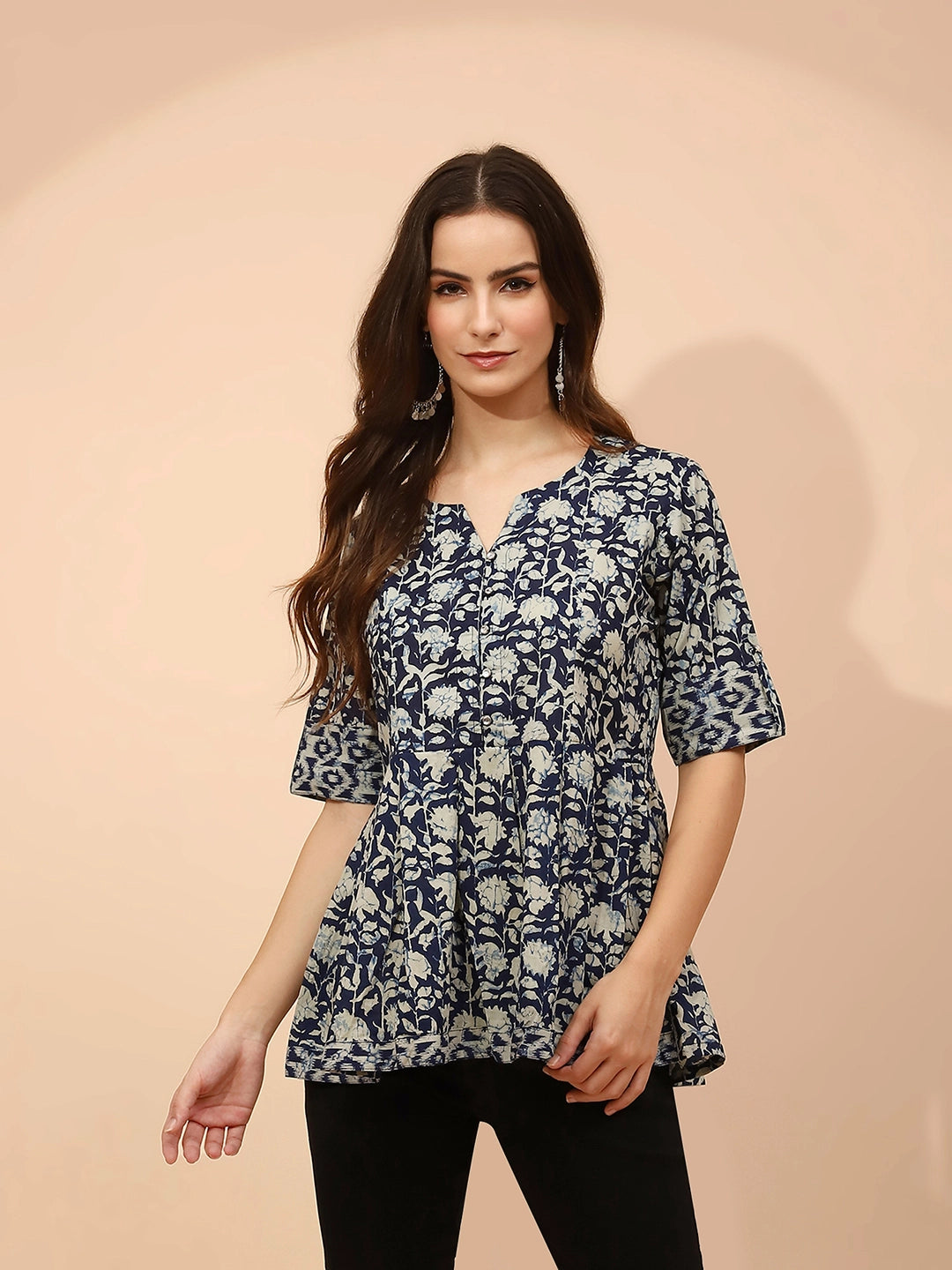 Indigo Floral Printed Cotton Tunic - Global Republic