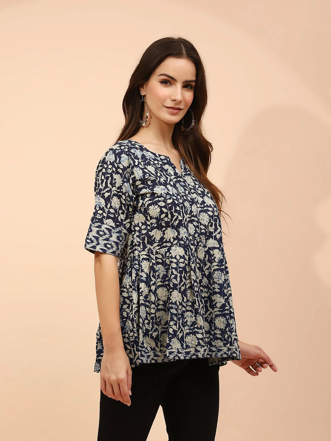 Indigo Floral Printed Cotton Tunic - Global Republic