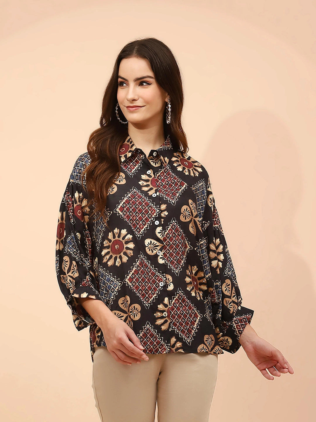 Black Printed Muslin Relaxed Fit Tunic - Global Republic