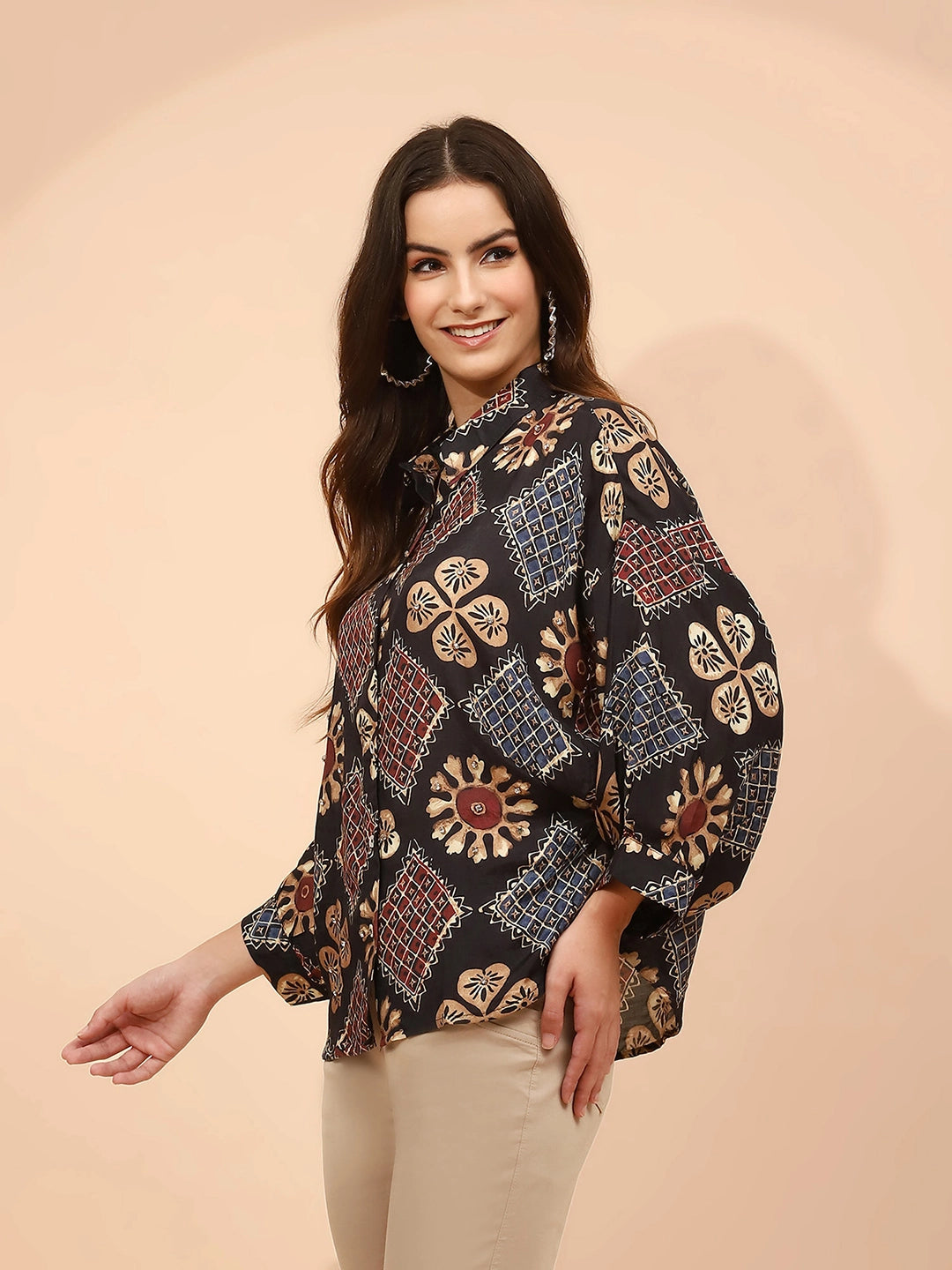 Black Printed Muslin Relaxed Fit Tunic - Global Republic
