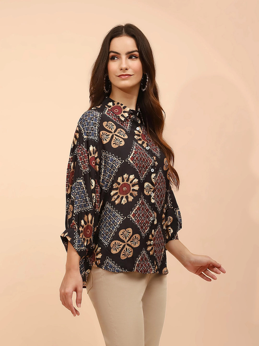 Black Printed Muslin Relaxed Fit Tunic - Global Republic