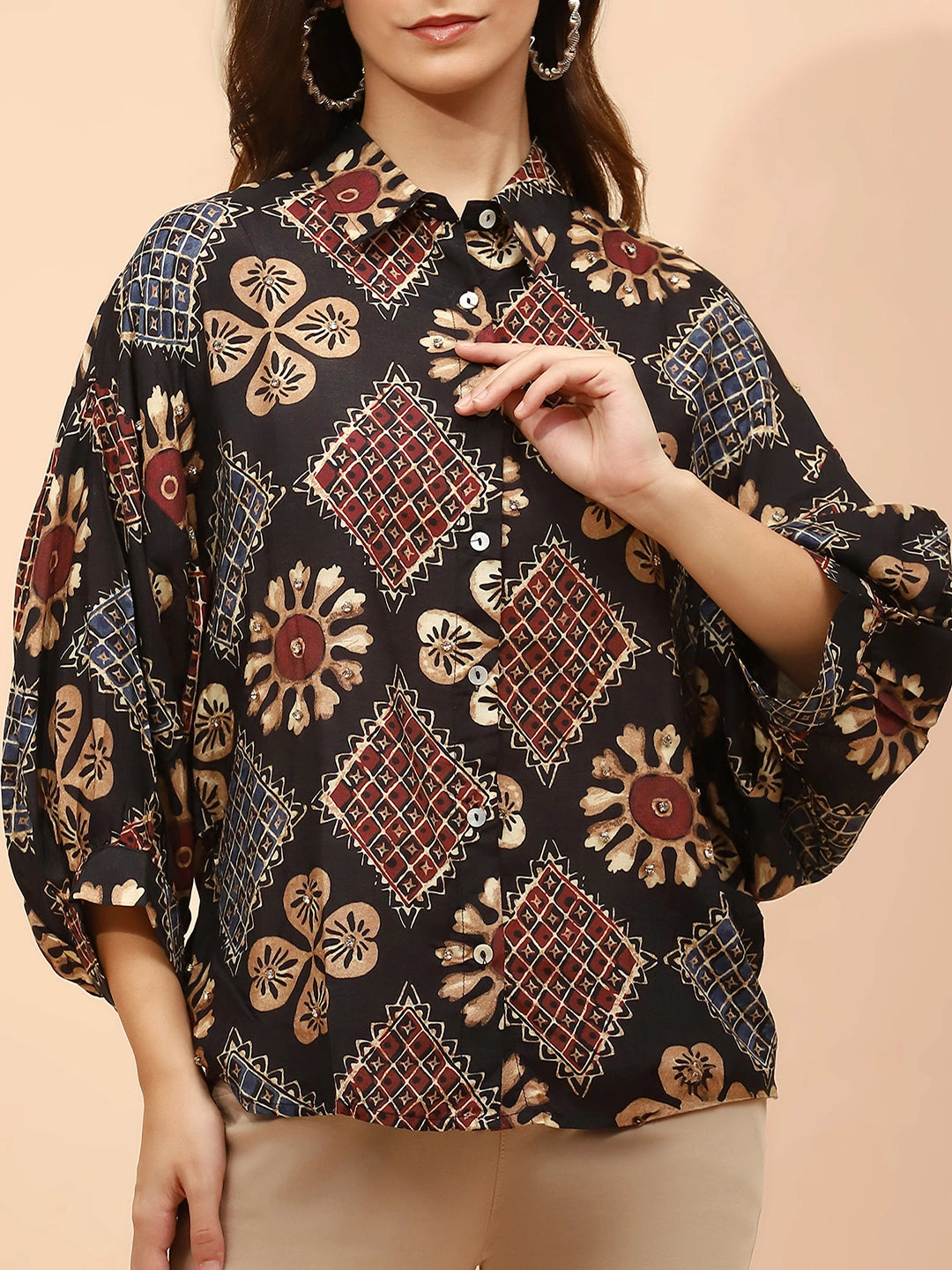 Black Printed Muslin Relaxed Fit Tunic - Global Republic