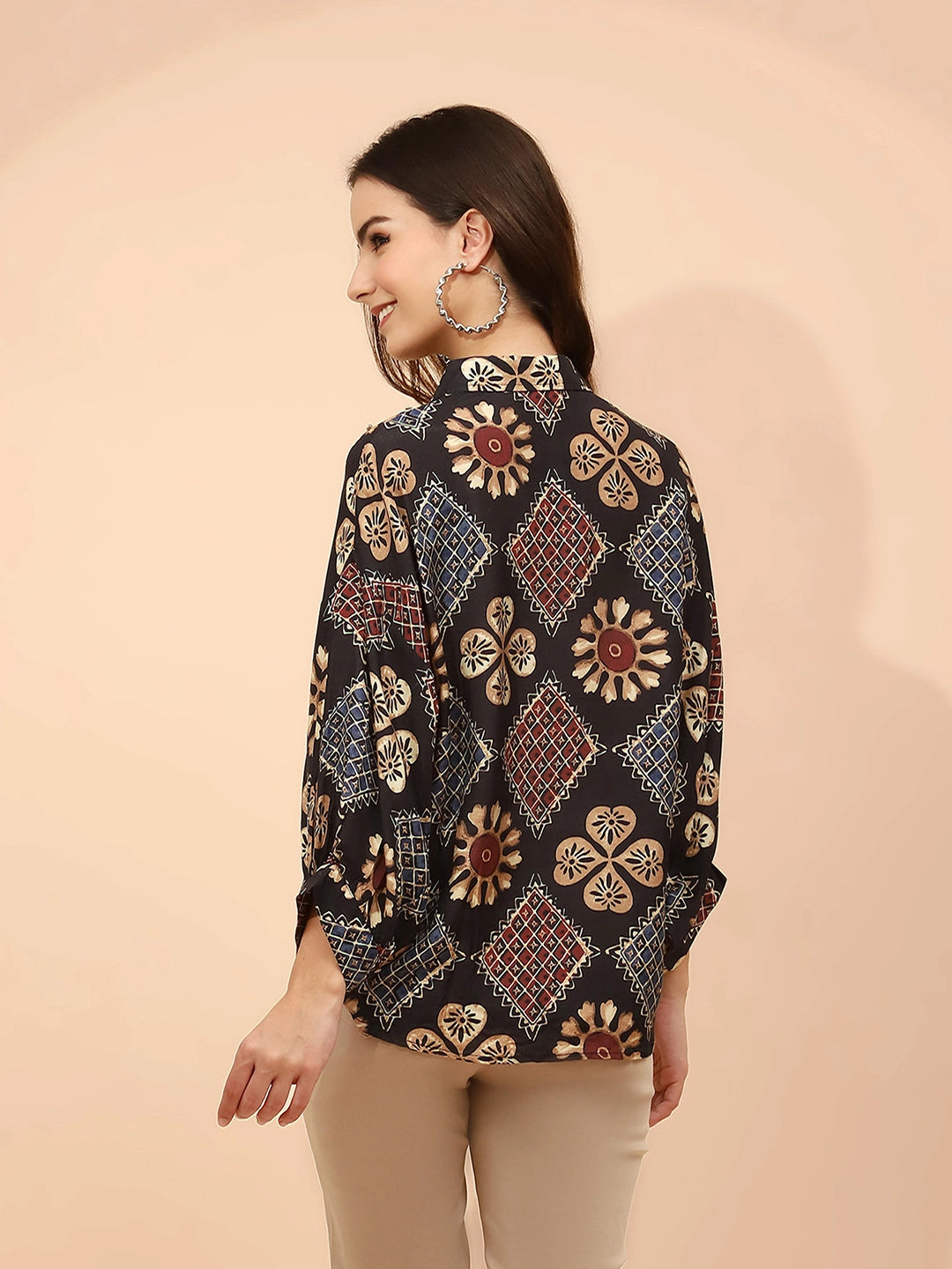 Black Printed Muslin Relaxed Fit Tunic - Global Republic