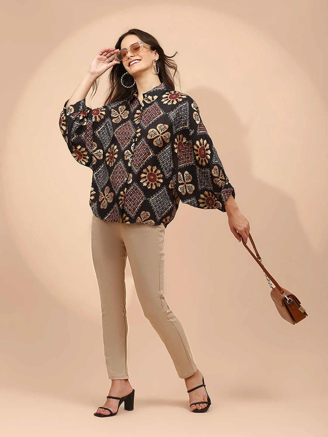 Black Printed Muslin Relaxed Fit Tunic - Global Republic