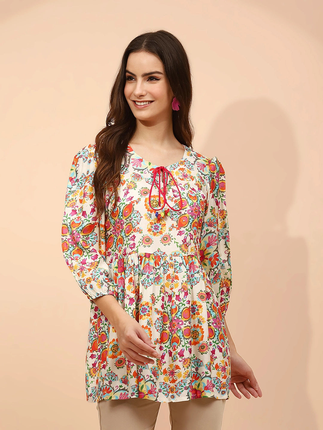Multicolor Floral Printed Muslin Tunic - Global Republic
