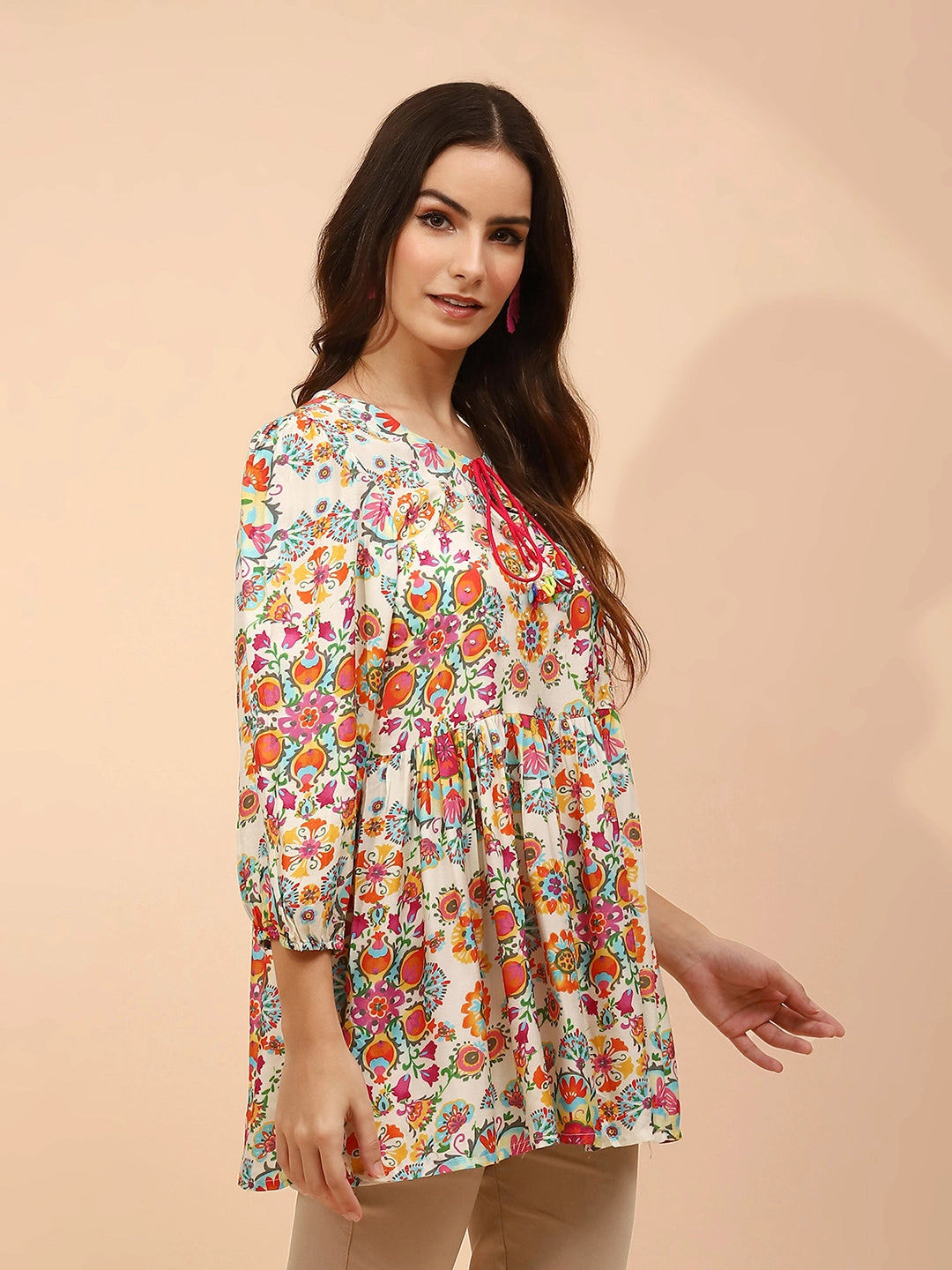 Multicolor Floral Printed Muslin Tunic - Global Republic