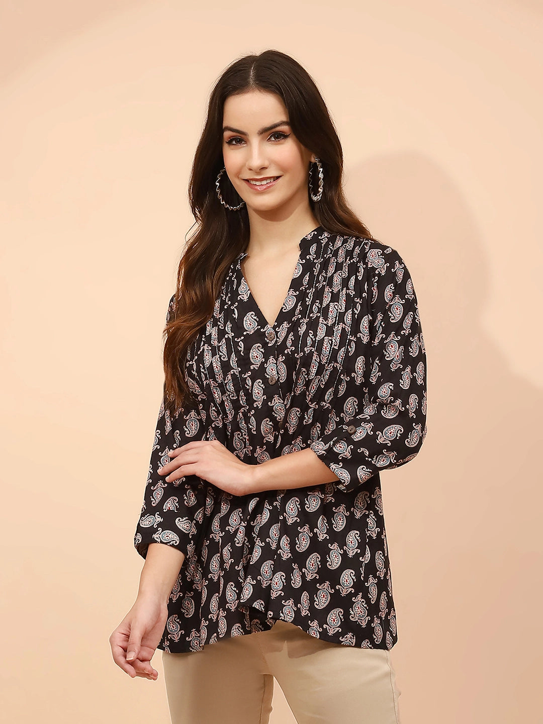 Black Paisley Print Cotton Regular Fit Tunic - Global Republic
