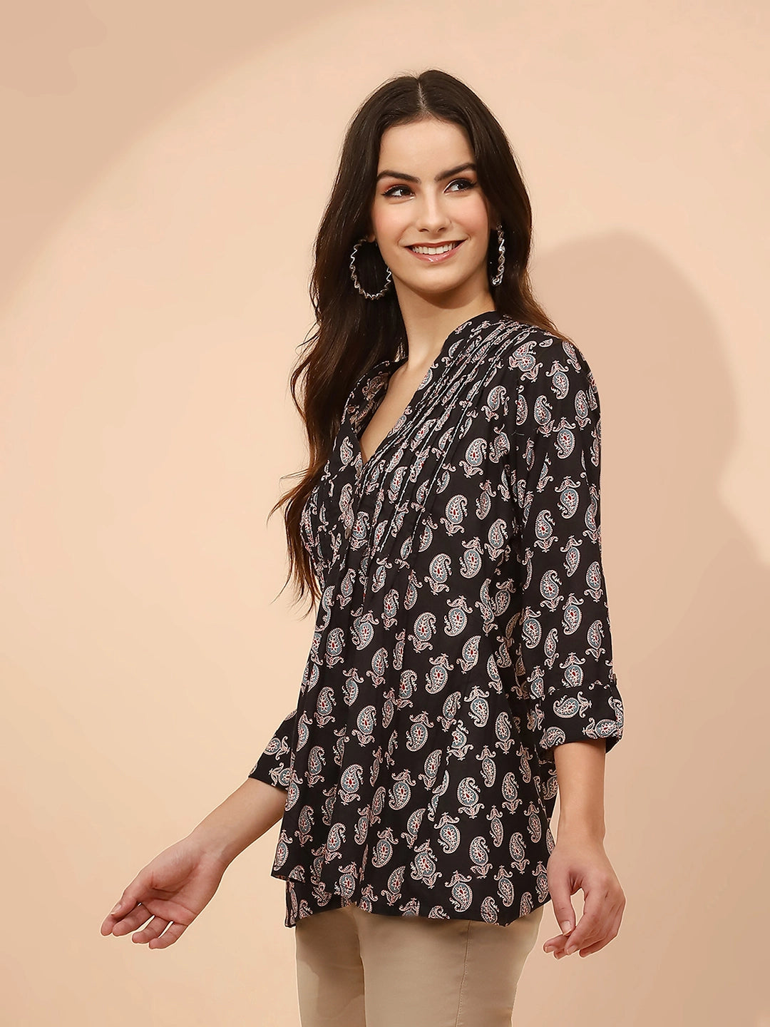Black Paisley Print Cotton Regular Fit Tunic - Global Republic
