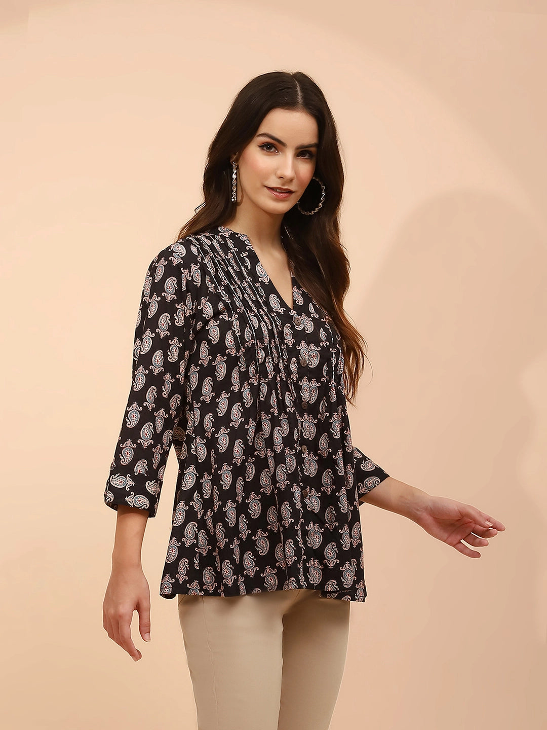 Black Paisley Print Cotton Regular Fit Tunic - Global Republic