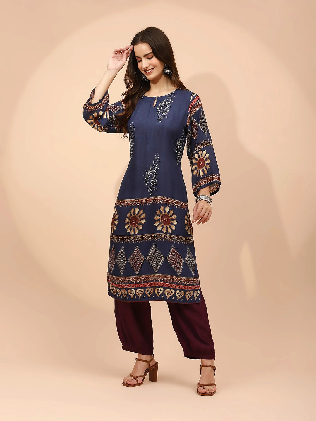 Navy Blue Muslin Regular Fit Long Tunic Set For Women - Global Republic