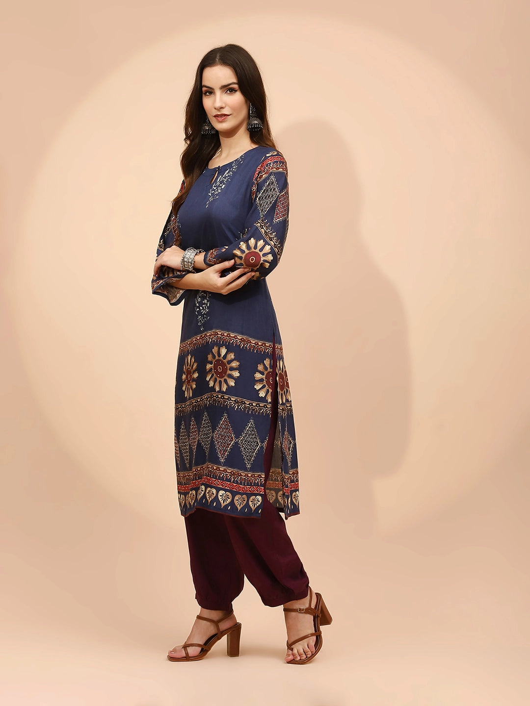 Navy Blue Muslin Regular Fit Long Tunic Set For Women - Global Republic