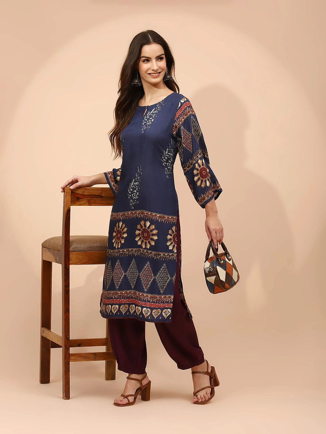 Navy Blue Muslin Regular Fit Long Tunic Set For Women - Global Republic