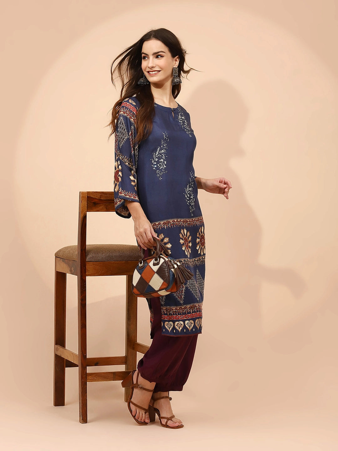 Navy Blue Muslin Regular Fit Long Tunic Set For Women - Global Republic