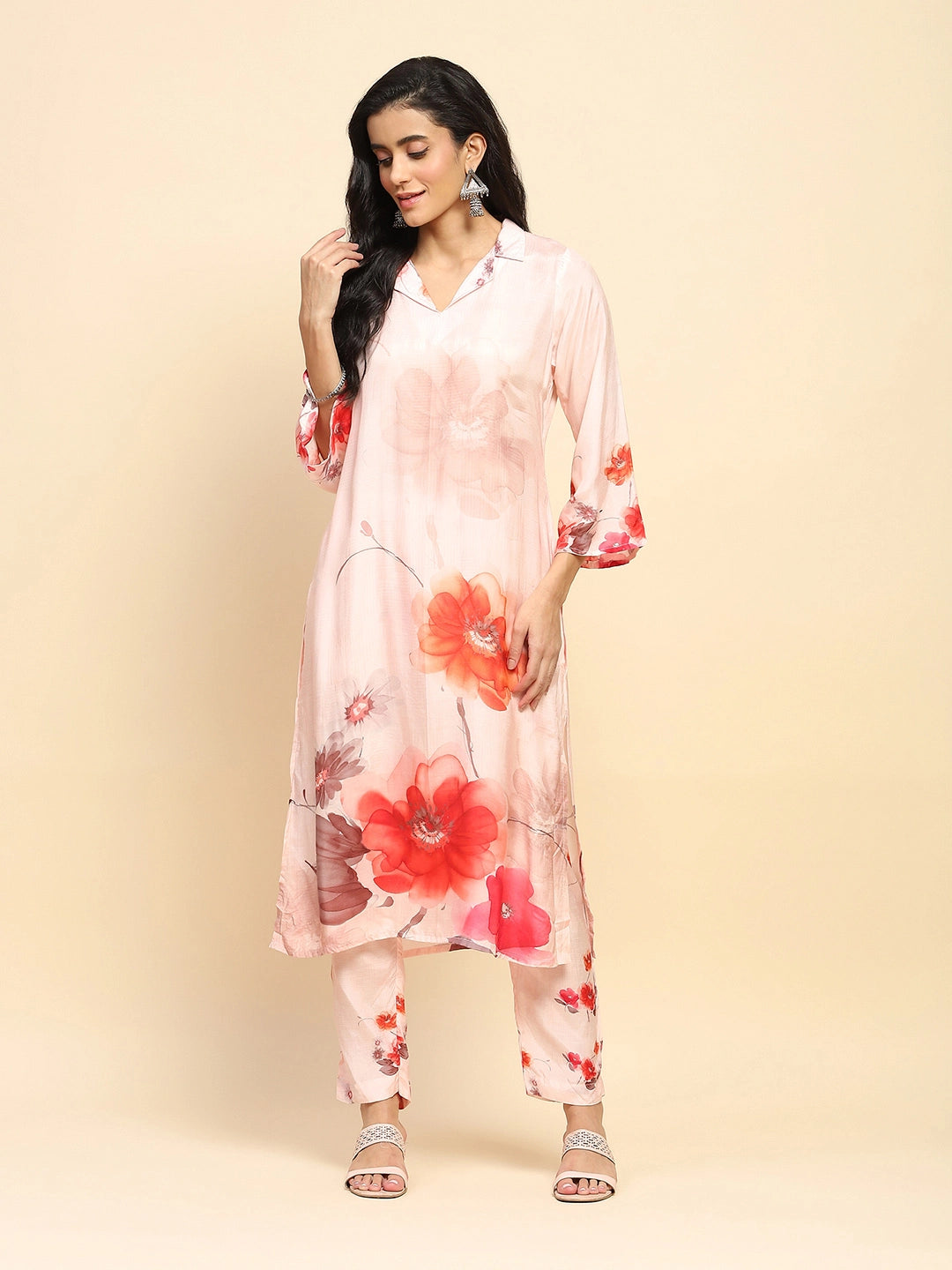 Peach Watercolor Floral Muslin Long Tunic Set - Global Republic
