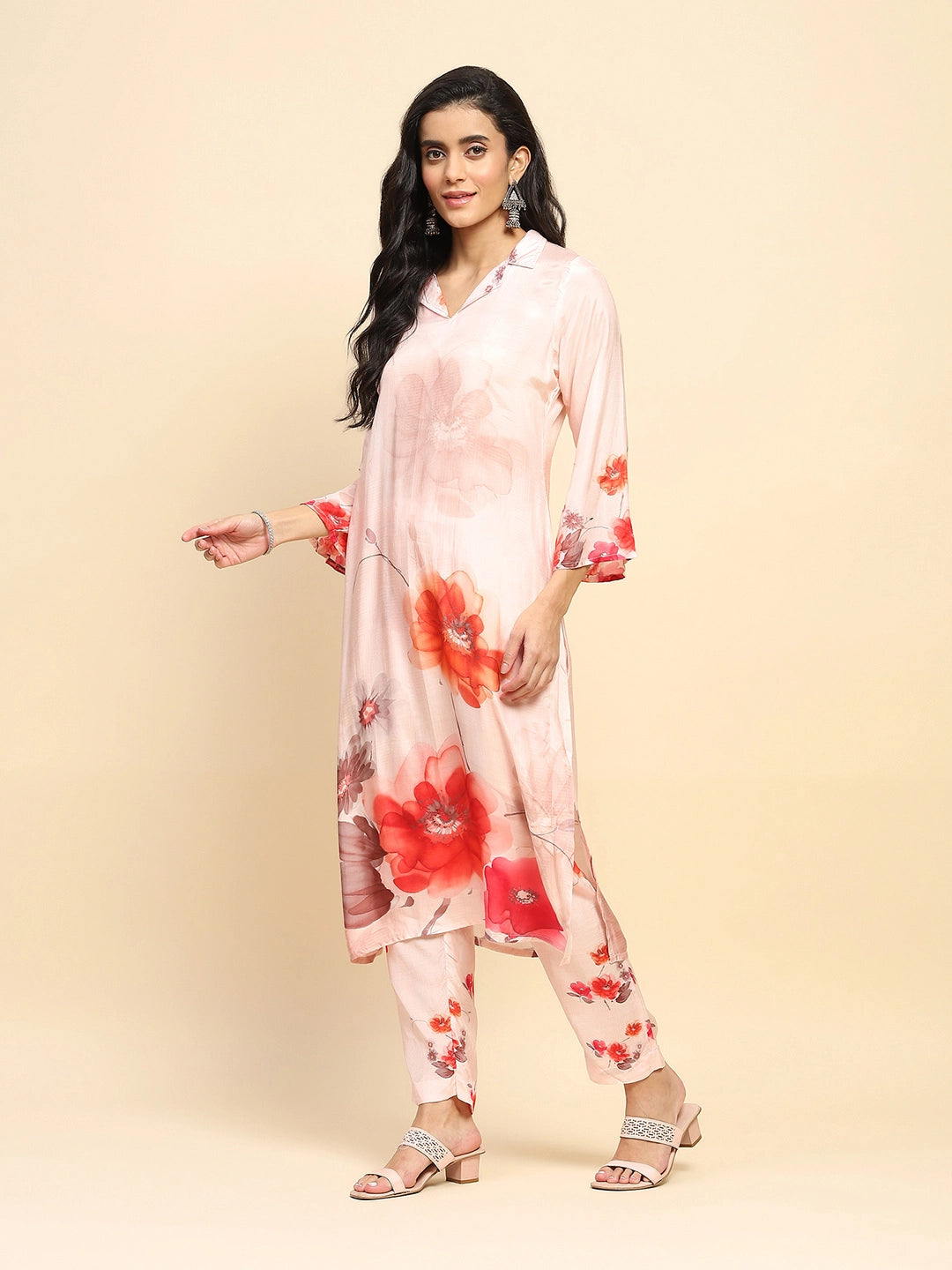 Peach Watercolor Floral Muslin Long Tunic Set - Global Republic