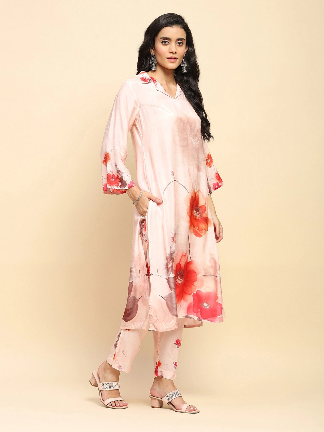 Peach Watercolor Floral Muslin Long Tunic Set - Global Republic