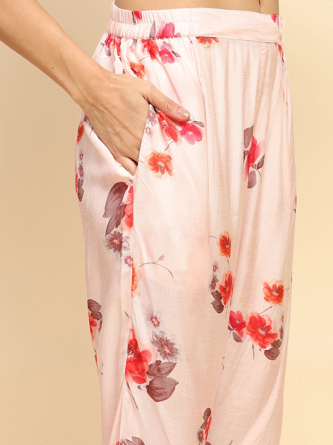 Peach Watercolor Floral Muslin Long Tunic Set - Global Republic