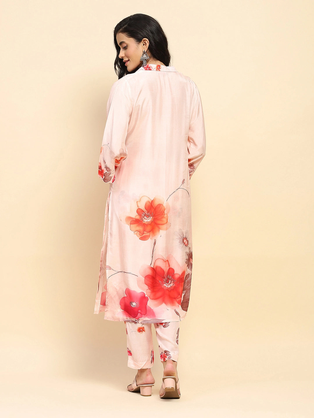 Peach Watercolor Floral Muslin Long Tunic Set - Global Republic