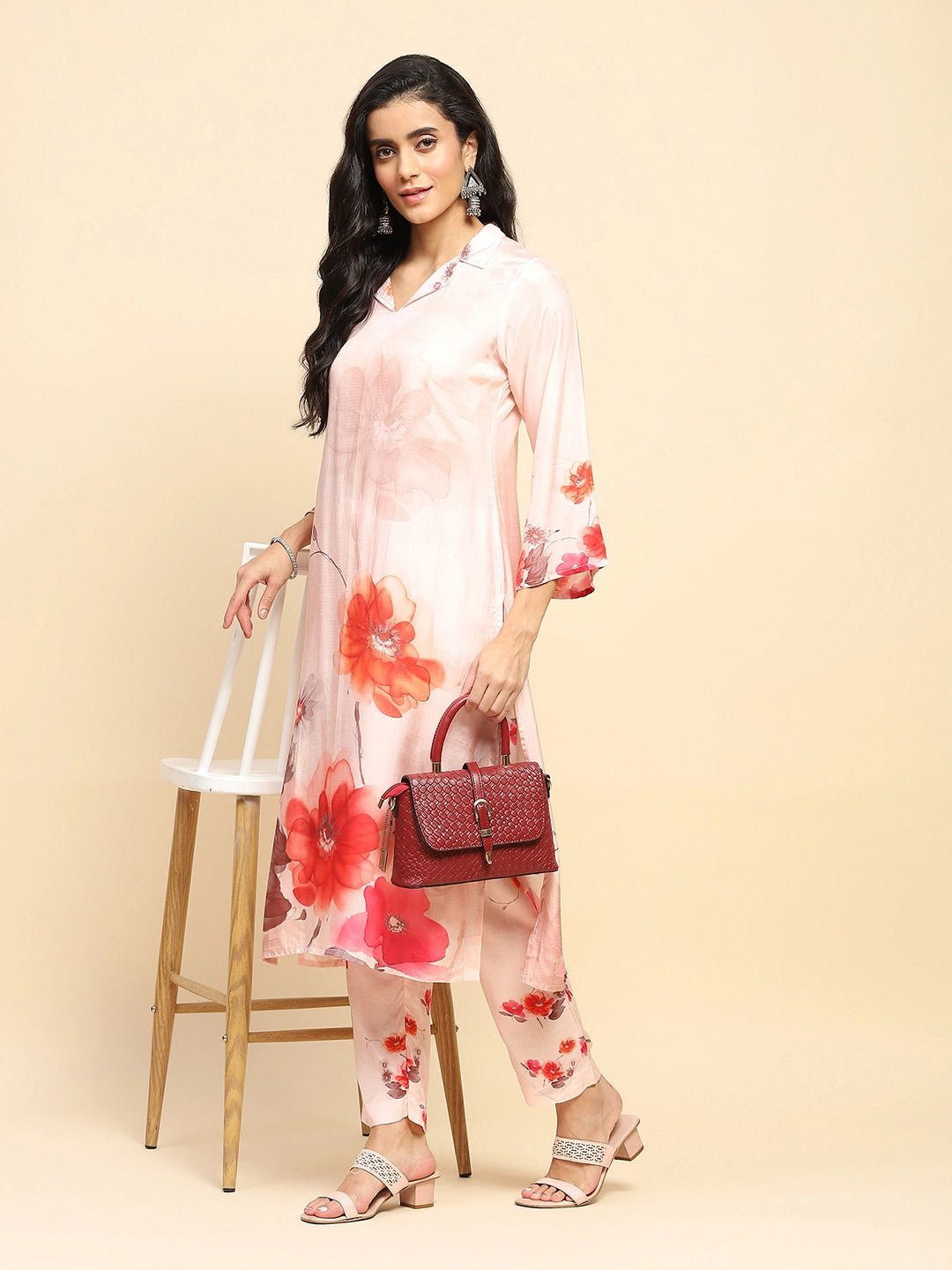 Peach Watercolor Floral Muslin Long Tunic Set - Global Republic