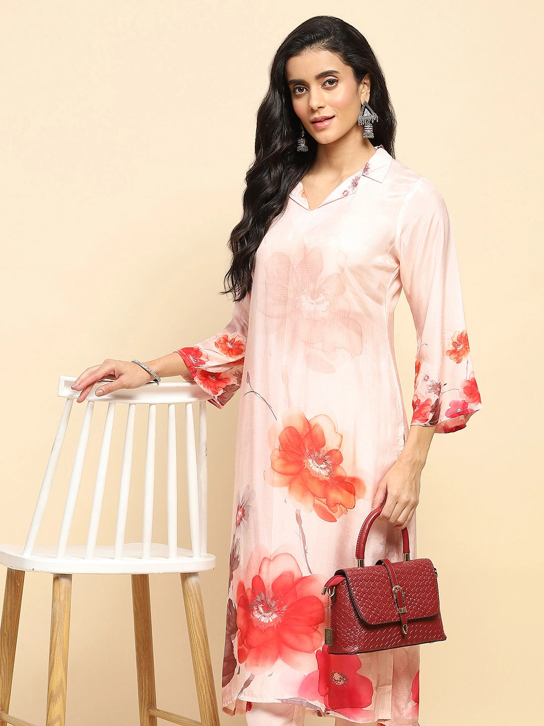 Peach Watercolor Floral Muslin Long Tunic Set - Global Republic