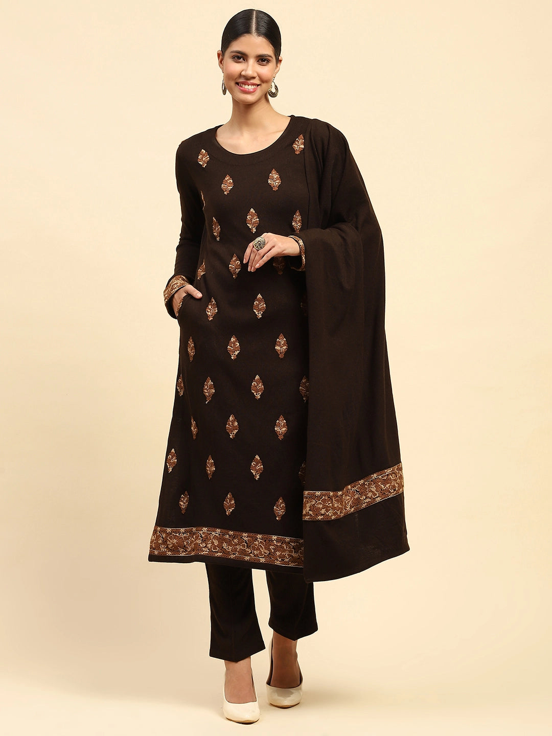 Coffee Woolen Embroidered Kurta Bottom Set With Dupatta For Winter - Global Republic