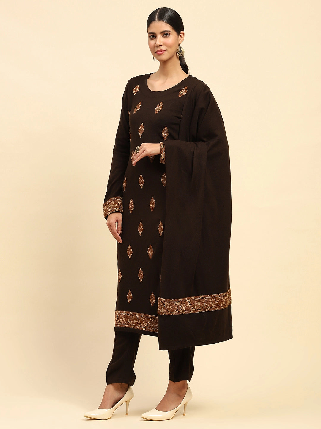 Coffee Woolen Embroidered Kurta Bottom Set With Dupatta For Winter - Global Republic