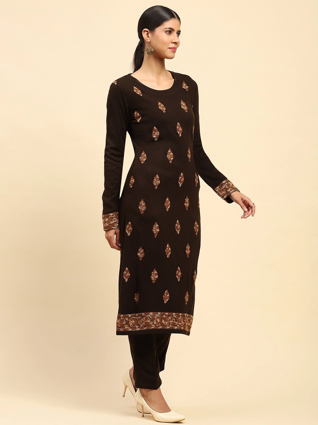Coffee Woolen Embroidered Kurta Bottom Set With Dupatta For Winter - Global Republic